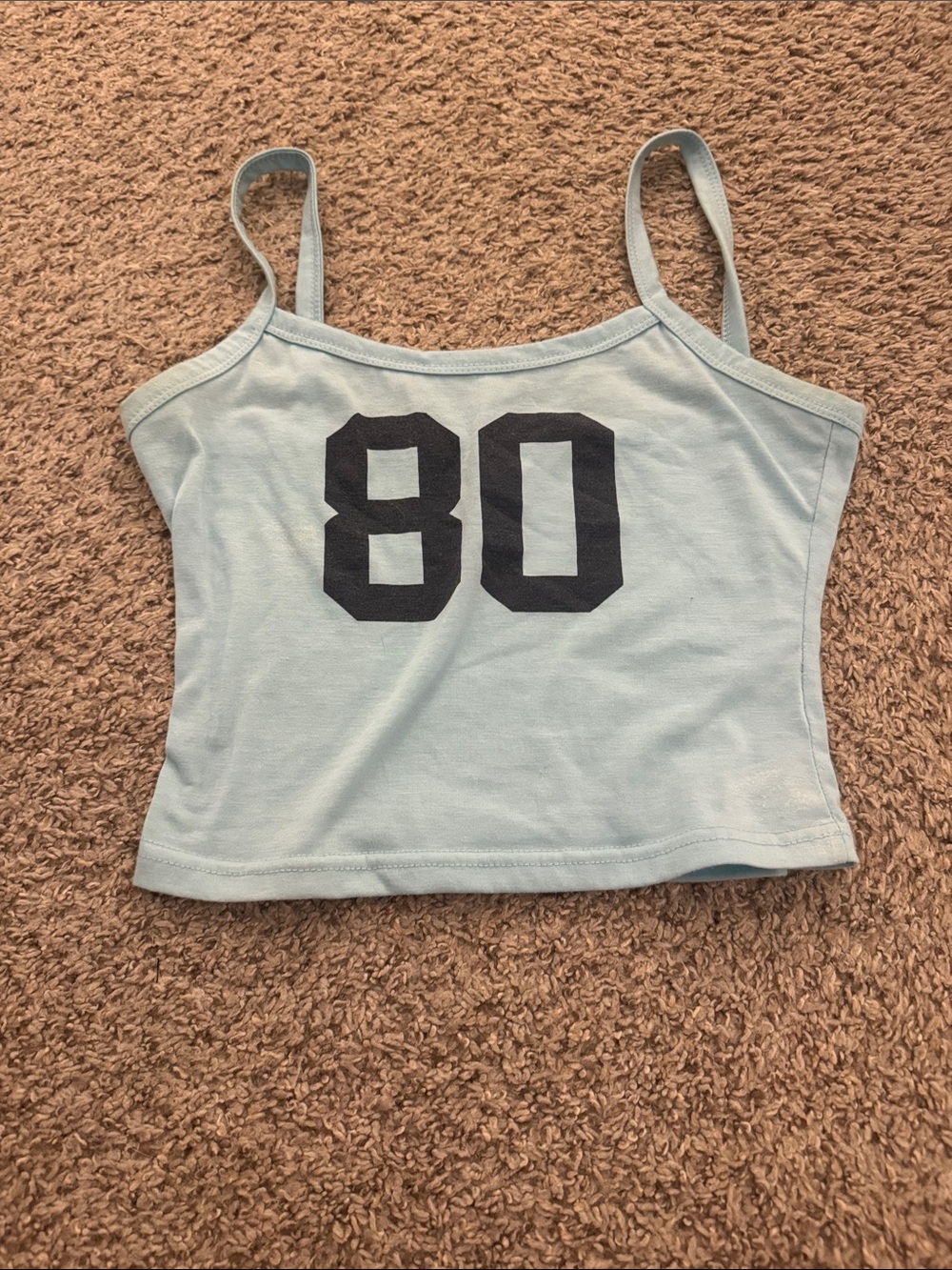 Light Blue Spaghetti Strap Cropped Tank Top with '80' Graphic